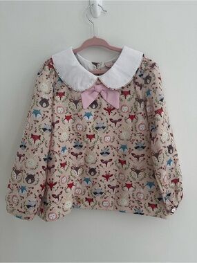Smockingbird Girls Woodland Animal Print Peter Pan Collar Top with Pink Bow